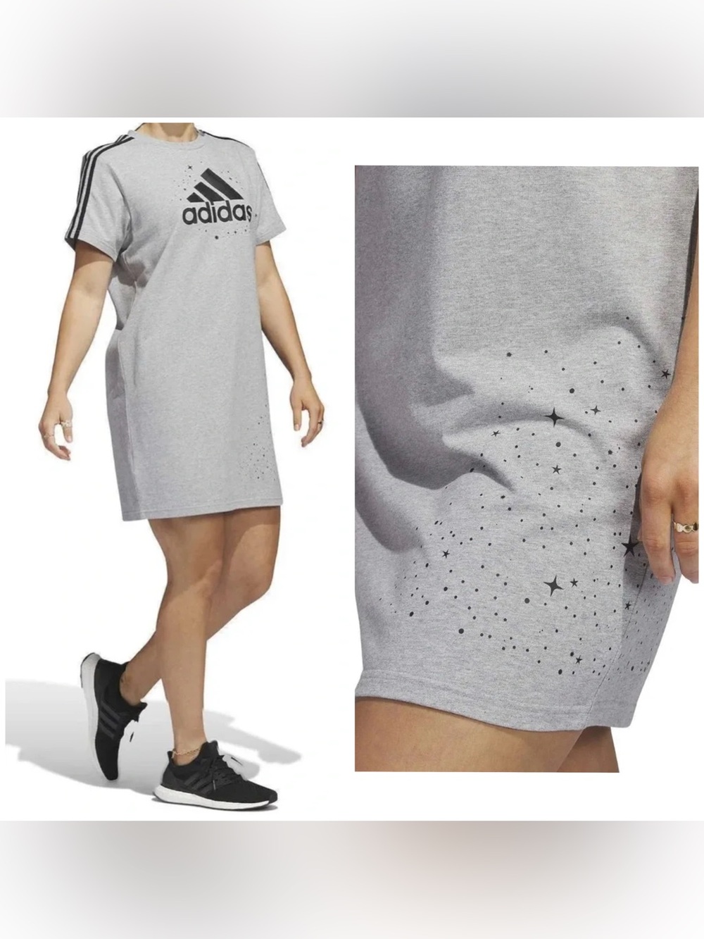 ✨Adidas Celestial T-Shirt Dress Gray Short Sleeve Casual Comfy Stars Size XS